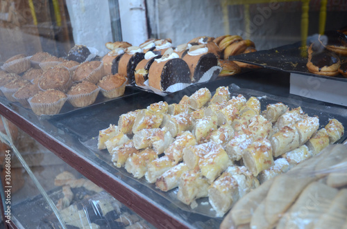Traditional variety of festive Moroccan cookies at Fez, Morocco.