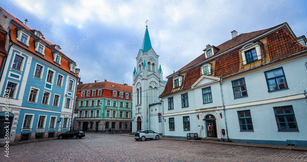 Obraz premium Riga, Latvia - March 03, 2020: Facade view to the Our Lady of Sorrows Church