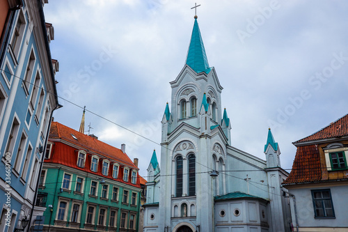 Riga, Latvia - March 03, 2020: Facade view to the Our Lady of Sorrows Church