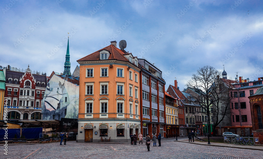 Riga, Latvia - March 03, 2020: Cozy and cute streets of the Old Town
