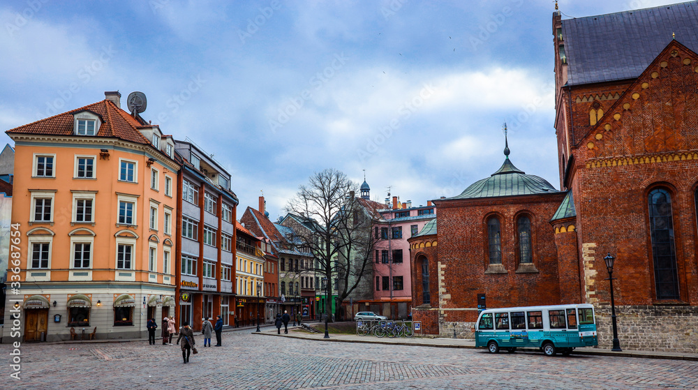 Riga, Latvia - March 03, 2020: Cozy and cute streets of the Old Town