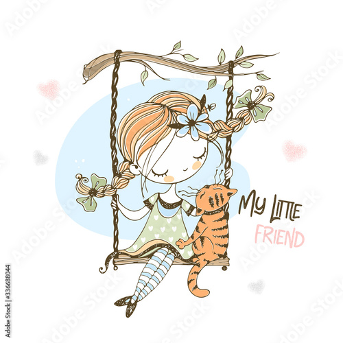 A cute girl with pigtails swings on a swing with her cat. Vector.