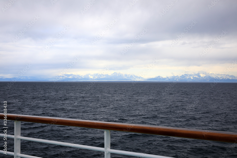 Seward, Alaska / USA - August 08, 2019: View from ship cruise deck, Seward, Alaska, USA Seward, Alaska / USA - August 08, 2019: View from ship cruise deck, Seward, Alaska, USA