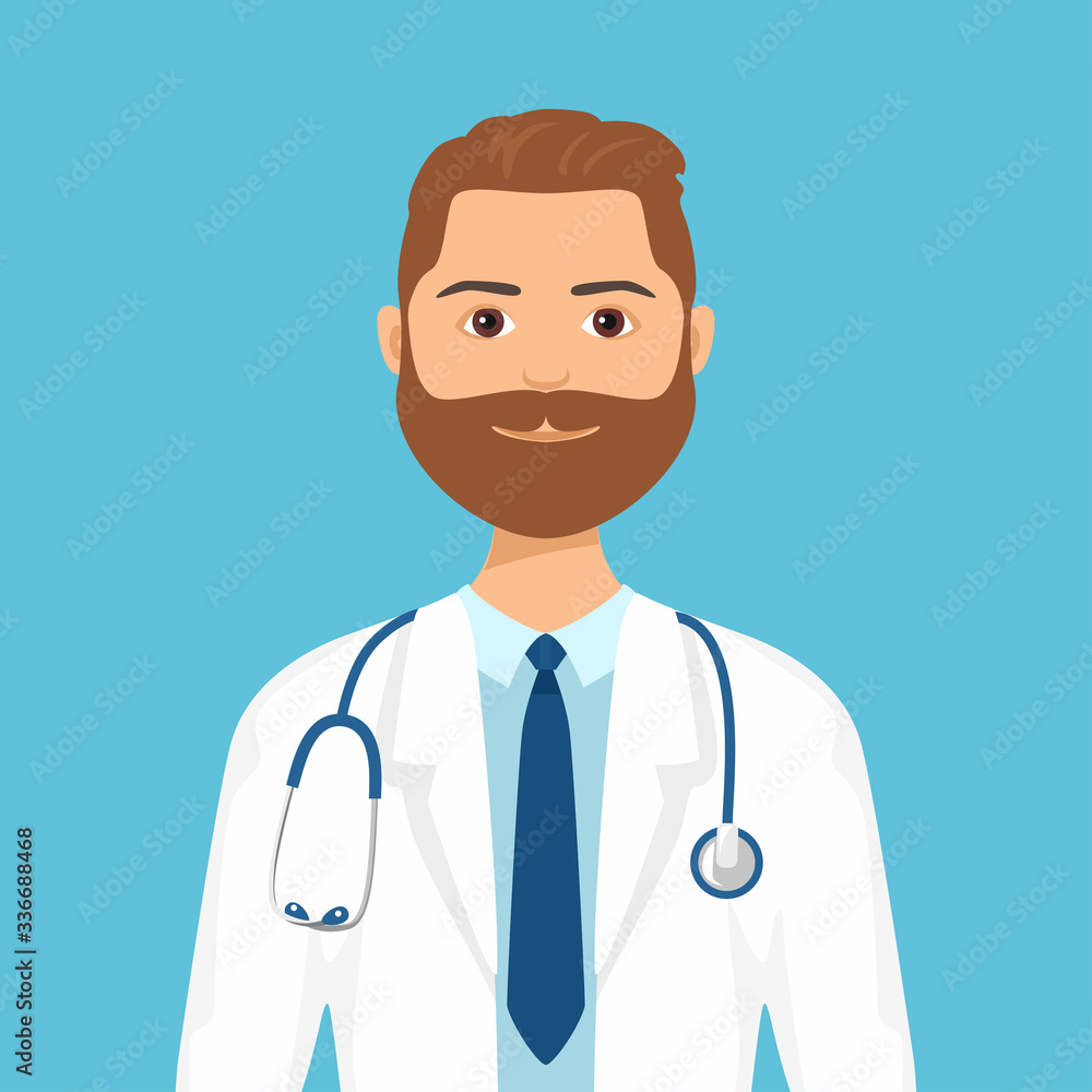 Doctor with beard Isolated on blue background. Vector illustration of  therapist man in white medical gown, tie and with stethoscope in cartoon flat style.