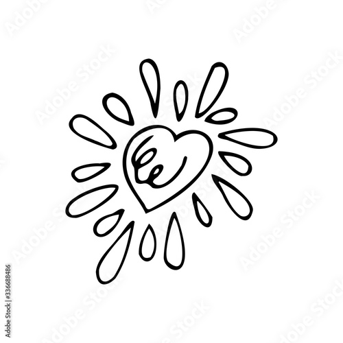 Hand drawn sun in the shape of a heart isolated on a white background. Doodle  simple outline illustration. It can be used for decoration of textile  paper.