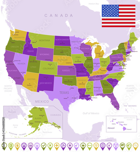 Detailed map of USA with flag, border of regions and country. Purple, yellow, green. Vector illustration
