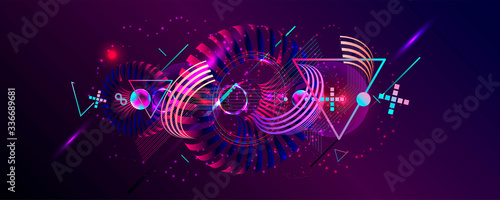 Dark retro futuristic art neon abstraction background cosmos new art 3d starry sky glowing galaxy and planets blue circles