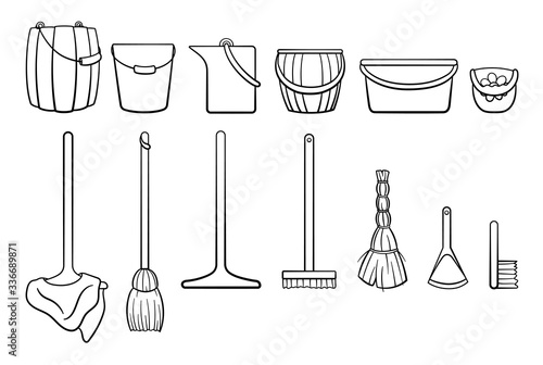 Outline style set of cleaning tools: buckets, mops, besom, broom, dustpan, brush on white backgound