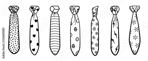 Seven outline style neckties with different knots and patterns set on white background
