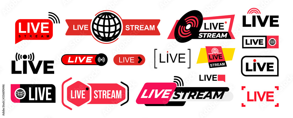 Obraz premium Set of live streaming vector icons. Colored symbols and buttons of live streaming, broadcasting, online stream. Design for tv, shows, movies and live performances. Isolated on white background.