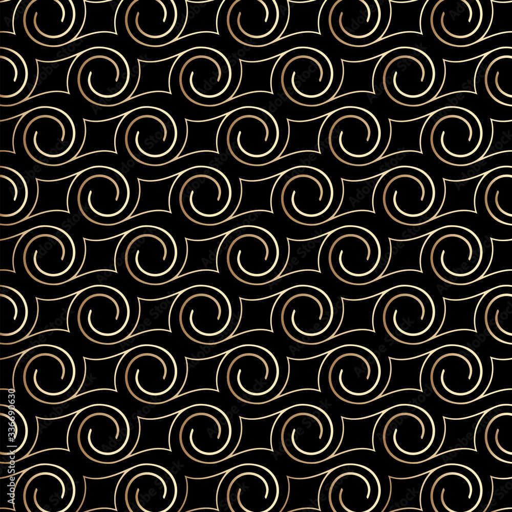 Art deco pattern with swirls , black and gold colors