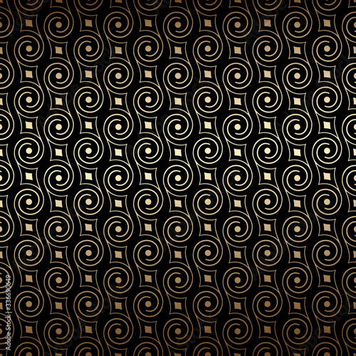 Black and gold art deco seamless pattern with swirls. Luxury decorative ornament. Vintage vector background, wallpaper. Gold geometric shapes, elegant retro texture