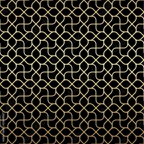 Black and gold deco linear seamless pattern with stylized flowers