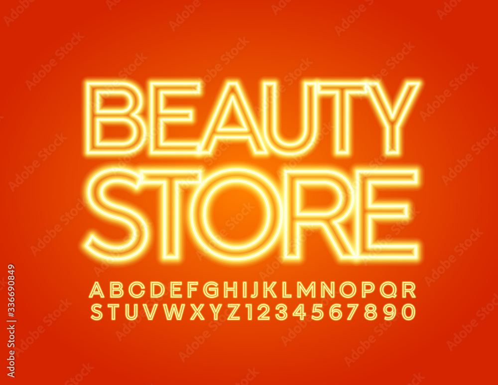 Vector electric banner Beauty Store. Bright neon Font. Glowing Alphabet Letters and Numbers