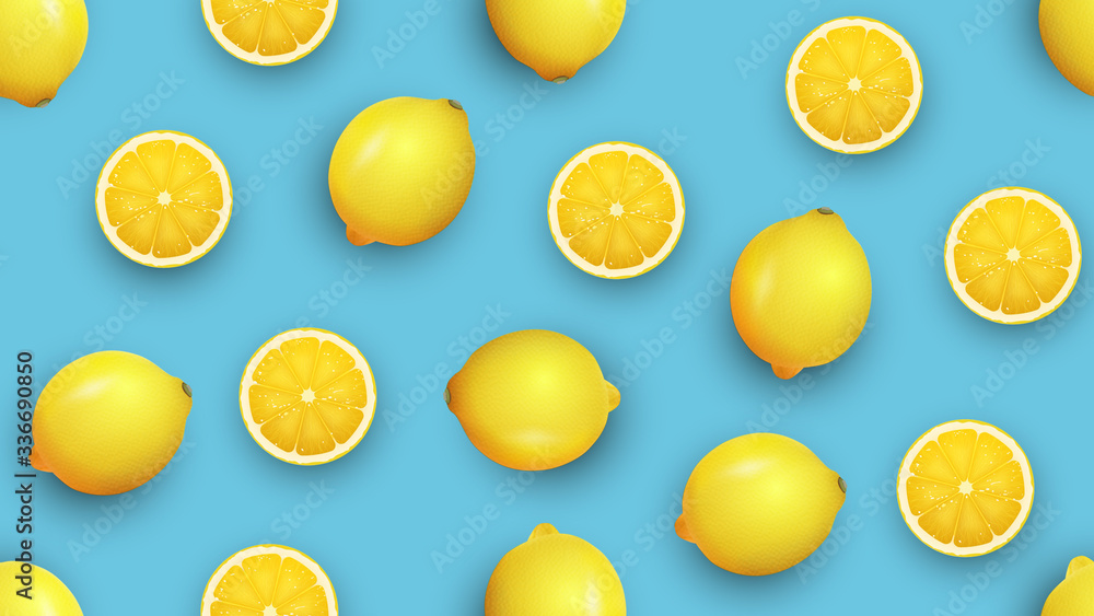 Fresh lemon and slices on a vivid blue background, summer seamless pattern