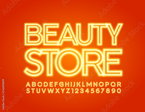 Vector electric banner Beauty Store. Bright neon Font. Glowing Alphabet Letters and Numbers