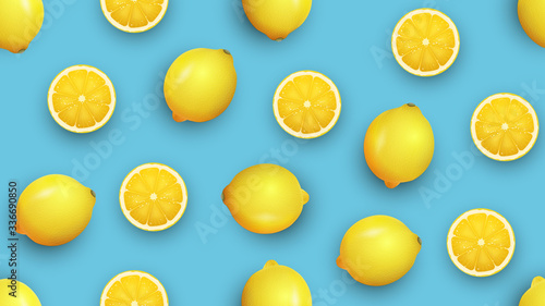 Fresh lemon and slices on a vivid blue background, summer seamless pattern © arturaliev