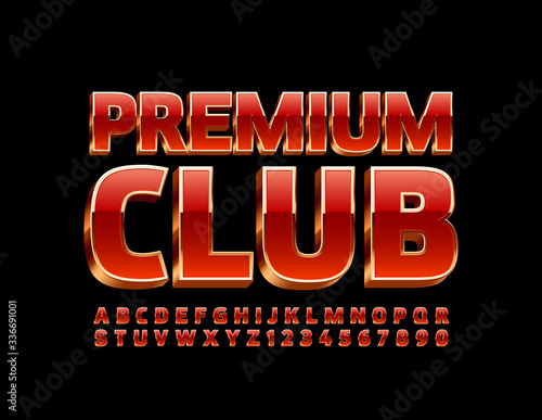 Vector chic logo Premium Club. Red and Golden 3D Font. Luxury Alphabet letters and Numbers