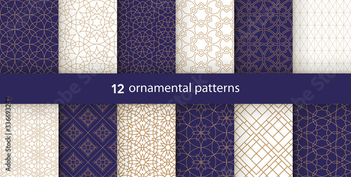 Set of 12 oriental patterns. White and gold background with Arabic ornaments. Patterns, backgrounds and wallpapers for your design. Textile ornament. Vector illustration.