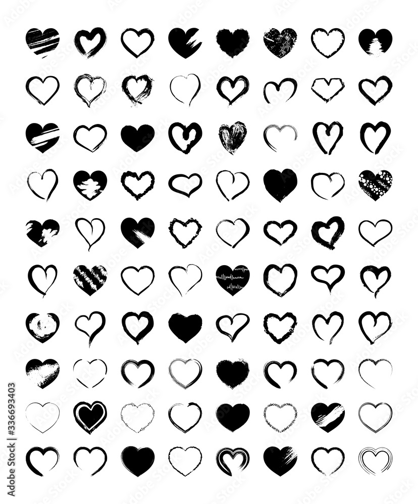Fototapeta premium Collection of vector grunge heart frames. Set of fill and empty signs for romantic invitations, cards, and decorations. Hand-drawn textured shapes and silhouette templates for your design.
