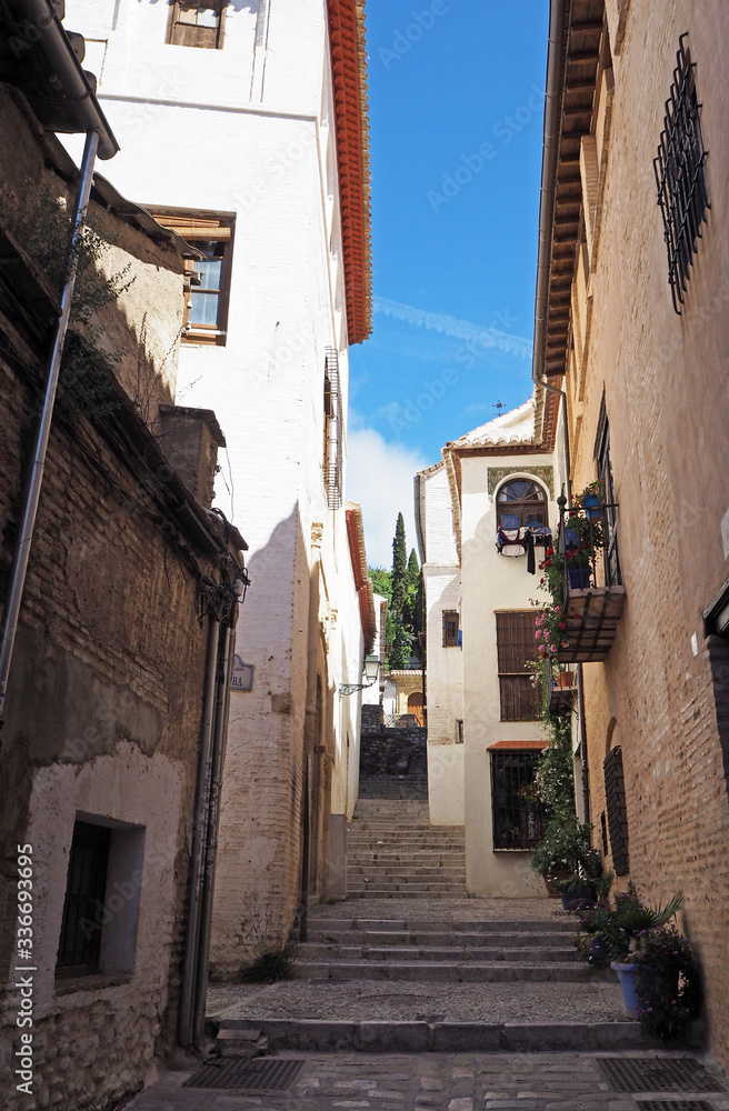 The small narrow street with stone pavement, stone stairs, green decorative plants and high stone houses in the old European town. There is piece of the blue sky.