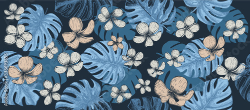 Tropical leaves pattern background. Hand drawn illustration.	
