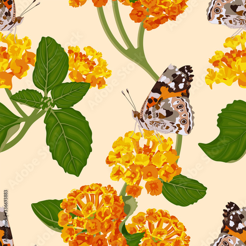 Canvastavla Bright floral seamless pattern with orange lantana flowers and butterfly