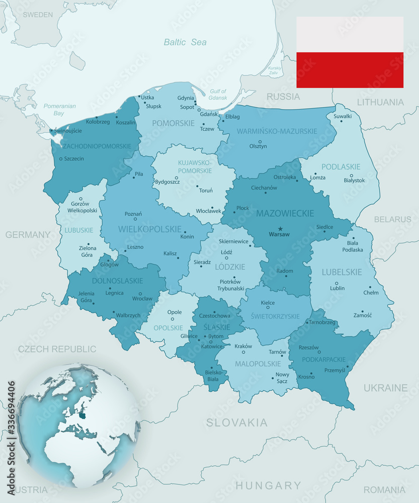 Blue-green detailed map of Poland and administrative divisions with country flag and location on the globe. Vector illustration