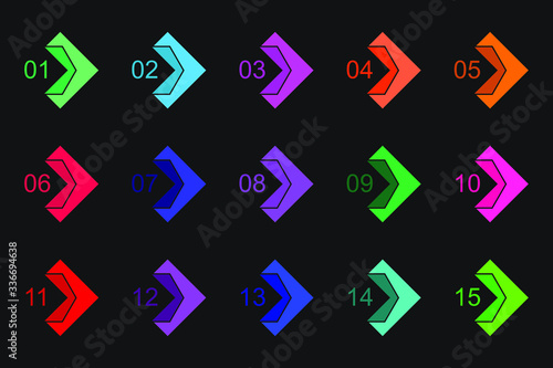 Super set arrow bullet point on black background. Colorful flat markers with number from 1 to 15.
 Modern vector illustration.