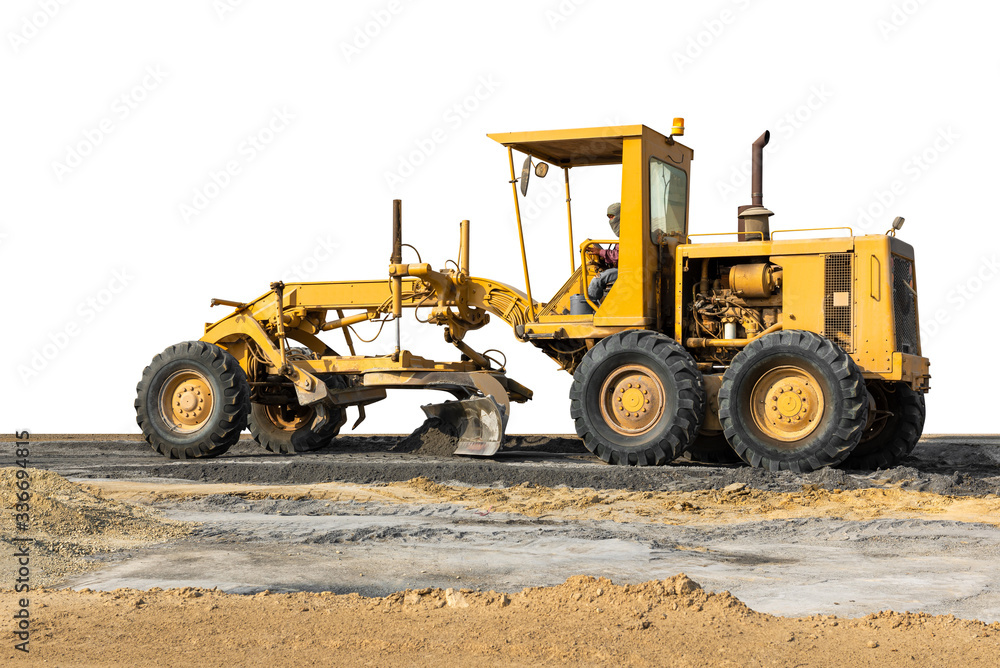 Industrial motor grader on ground, earth moving engine equipment, Isolated on white background with clipping path