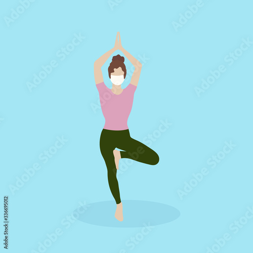 Self isolation during coronavirus. Standing in vrikshasana pose. Beautiful girl brown hair in mask doing yoga. Meditation wellness vector art. COVID-19 self quarantine. Exercise for body and soul.