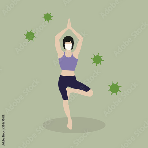 COVID-19 self quarantine. Standing in vrikshasana pose. Beautiful girl brunette in mask doing yoga. Meditation wellness vector art. Self isolation during coronavirus. Exercise for body and soul.