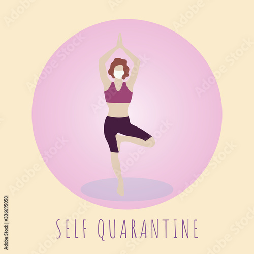 COVID-19 self quarantine. Standing in vrikshasana pose. Beautiful girl redhead in mask doing yoga. Meditation wellness vector art. Stay home, stay safe. Normal life in isolation during coronavirus.
