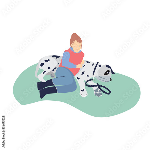 Girl with a dog illustration. A pet with a child. The child leaned on the dog. Dalmatian with a girl