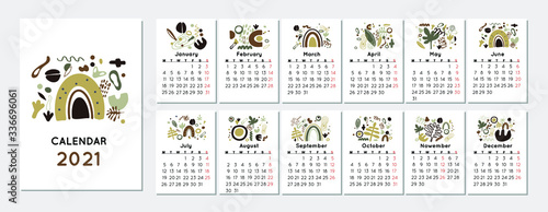 Calendar Design 2021 Nature, abstraction. Monthly calendar 2021 year. 