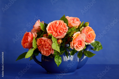 Bouquet of big orange rose flowers in a teapot, blue background or backdrop