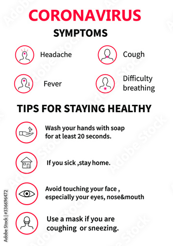 Vector Infographic showing Prevention and Symptoms with icons text, healtcare and medicine concept.Illustration of Coronavirus onfo : Safety and Readiness Tips. 