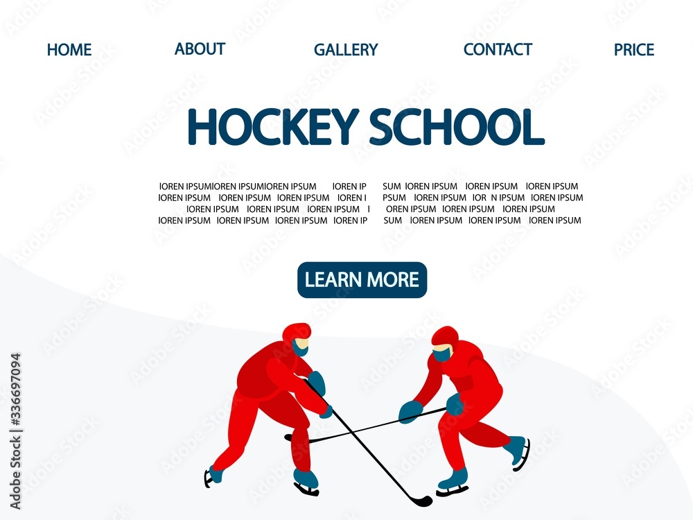 Hockey school. Landing Page. Men play hockey. Winter sport .Vector illustration..