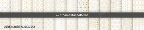 Set of 26 oriental patterns. White and gold background with Arabic ornaments. Patterns, backgrounds and wallpapers for your design. Textile ornament. Vector illustration.