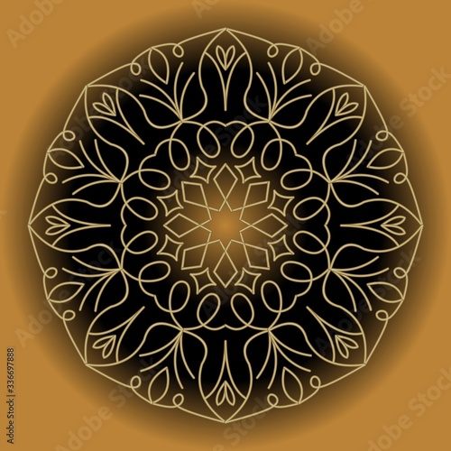 Circle gold lace vintage ornament on gradient background, 3d illusion, filigree wire patterns in antiquarian design. Vector decorative design