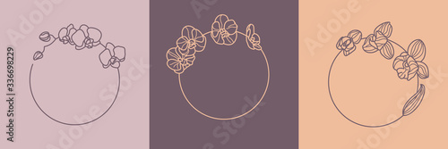 Set of orchid flower frames and monogram concept in minimal linear style. Vector floral logo