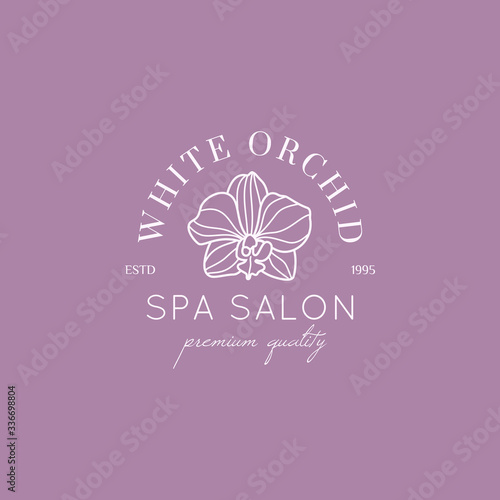 Orchid logo design template in simple minimal linear style. Vector floral emblem and icon for Beauty Salon, SPA.