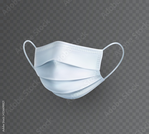 Mask isolated on transparent background. Vector white medical doctor, surgical, safety breathing element mockup. 3d virus, dust or pollution air face protection