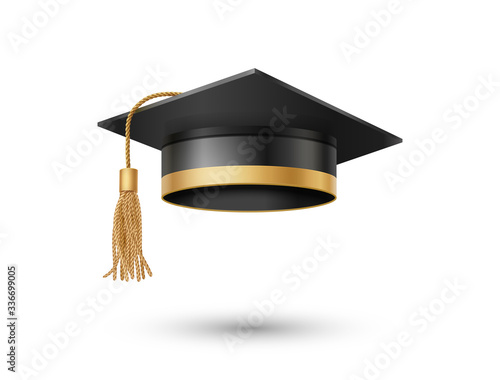 Graduate college, high school or university cap isolated on transparent background. Vector 3d degree ceremony hat with golden tassel. Black educational student icon