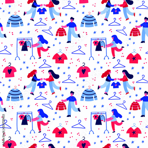 Vector illustration of people exchanging clothes with each other. Seamless pattern flat illustration of girls and boys, clothing items, and hangers.