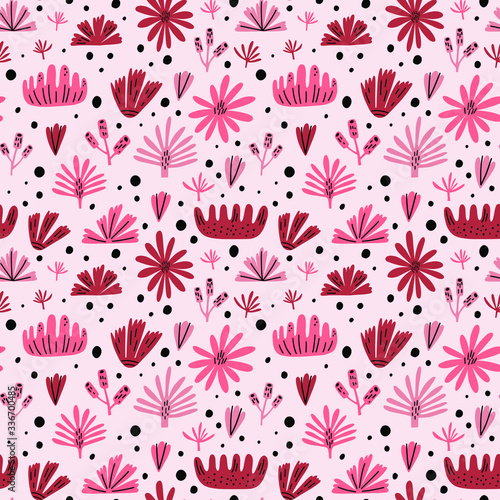 Simple flat illustration of flowers and leaves. Vector cute nature elements seamless pattern.