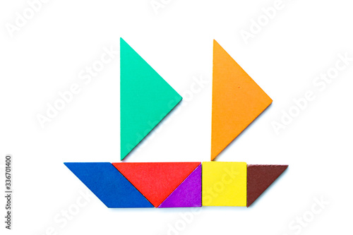 Free Download Color wood tangram puzzle in sailing ship shape on white background - GFXLoad