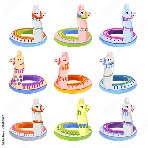 Colourful alpaca inflatable floats summer set vector illustration. Collection of childrens swimming circles. Rubber rings, beach water toys. Isolated on white background