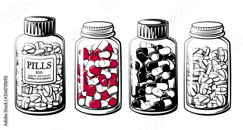 Pill bottle set. Collection of capsule and disk-shaped pill bottles vector illustration.