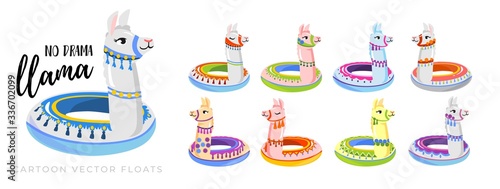Summer floats and no drama llama fun inscription vector illustration. Inflatable animal ring floater for kids cartoon design. Pool time concept. Isolated on white